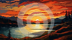 Vibrant Sunset Over Lake: Whistlerian Style Graphic Illustration photo