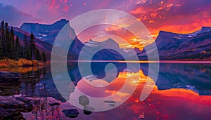 Vibrant sunset over the majestic mountain lake landscape with