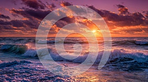 Vibrant sunset over the ocean waves with dramatic clouds reflecting warm orange and purple hues creating a serene and dynamic