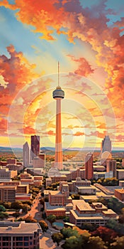 Vibrant Sunset Over San Antonio Skyline: Contemporary Canadian Art