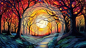 Vibrant Sunset Path: Abstract Painting Of Sun Landscape With Trees