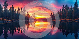 Vibrant Sunset Reflection Serene Lake Forest Panorama