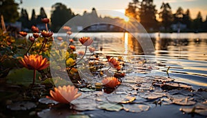 The vibrant sunset reflects on the tranquil pond lotus flower generated by AI