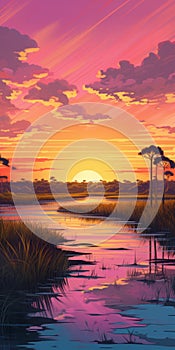 Vibrant Sunset River Illustration In Enigmatic Tropics Style