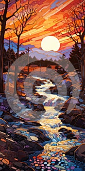 Vibrant Sunset On Rocky River: Hyper Detailed Illustration Inspired By Erin Hanson