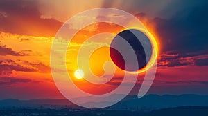 Vibrant Sunset Sky with a Partial Solar Eclipse Taking Place