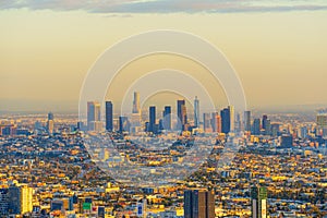 Vibrant Sunset View of Downtown Los Angeles Skyline