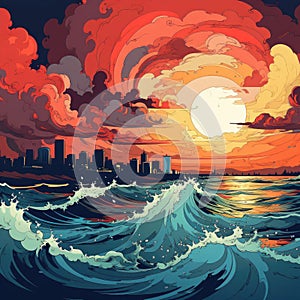 Vibrant sunset with waves, cityscape, and pop art style