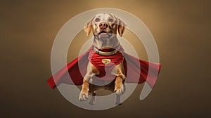 Vibrant superhero dog with a red cape in mid air jump, embodying playfulness, courage, and excitement, pet halloween costume