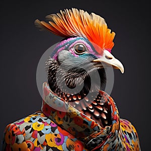 Vibrant And Surreal Fashion: Close-up Photo Of A Colorfully Adorned Quail