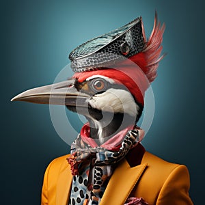Vibrant And Surreal Fashion: A Close-up Photo Of A Woodpecker In Fancy Suits photo