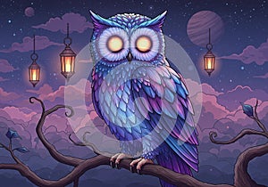 A vibrant, surreal illustration of an owl perched on a branch against a dreamy night