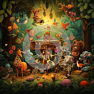 Vibrant and Surreal Jungle Scene with Animals Playing Jazz Instruments