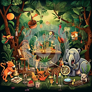 Vibrant and Surreal Jungle Scene with Animals Playing Jazz Instruments