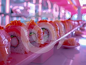 Vibrant Sushi Platter under Pink Neon Lights Fresh Salmon Rolls with Caviar, Japanese Cuisine and Sushi Bar Concept