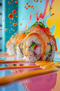 Vibrant Sushi Roll Presentation with Dynamic Sauce Splash on Colorful Background Creative Asian Cuisine Concept