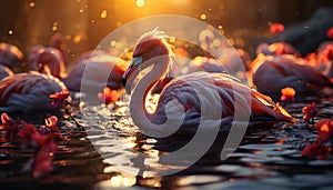 Vibrant swan flying over tranquil pond at sunset generated by AI