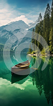 Vibrant Swiss Style Wooden Boat On Calm Water