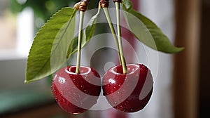 Vibrant Symmetry: A Captivating Duo of Ripe Cherries Suspended from a Blossoming Branch - AI Generative