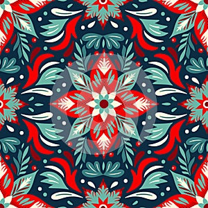 A vibrant symphony of vintage bold Christmas floral motifs seamless pattern, fabric canvas, red blue wrapping