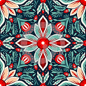 A vibrant symphony of vintage bold Christmas floral motifs seamless pattern, fabric canvas, red blue wrapping