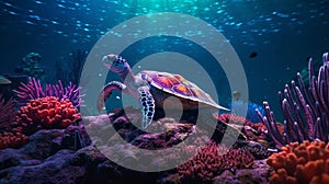 Vibrant Synthwave Turtle Swimming Among Colorful Coral Reefs