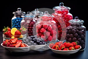 A vibrant table filled with an assortment of luscious fruits, delectable candies candybar