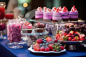 A vibrant table filled with an assortment of luscious fruits, delectable candies candybar