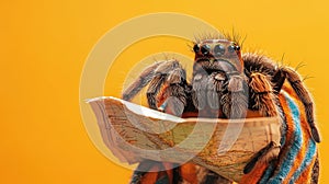 A Colorful Tarantula Holding a Map While Wearing a Scarf Against a Vibrant Yellow Background, Capturing the Essence of Adventure photo