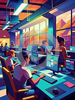 Vibrant Tech Office Scene with Busy Professionals at Workstations photo
