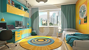 Vibrant Teenager's Bedroom with Workspace and Urban View. child’s personal space