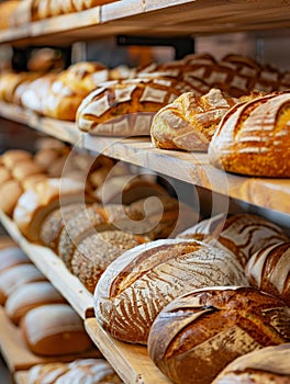 A vibrant and tempting display of an array of freshly baked breads, including loaves, rolls, and pastries, showcasing