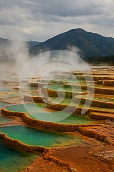 Vibrant Terraces of Steaming Hot Springs with Mountain Backdrop AI-GENERATED