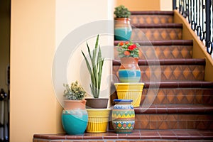 vibrant terracotta pots on spanish revival home stairway