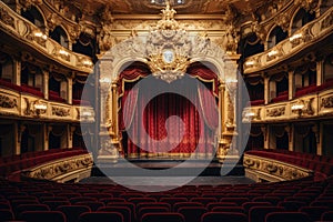 A vibrant theater adorned with a vibrant red curtain and red seats, providing a timeless space for a variety of events and
