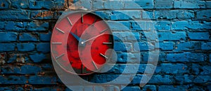Vibrant Time: Red Clock on Blue Brick Wall. Concept Colorful Props, Architecture, Timepiece, Red photo