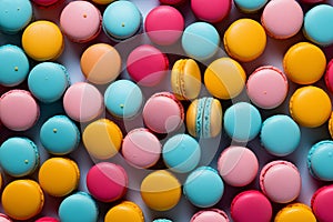 Vibrant top down view of assorted colorful macarons on indulgent sunny background