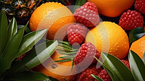 Vibrant Top-View Shot of Assorted Raw Fruits Platter with Selective Focus, Summer fruits background