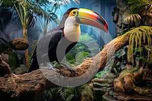 Vibrant toucan perched on rainforest tree branch in its natural habitat in lush jungle environment