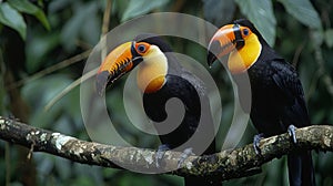 Vibrant toucans resting gracefully on branches adorned with exotic foliage in a lush natural setting