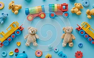 A vibrant toy train travels through a playful landscape filled with soft plush animals and geometric shapes, inviting