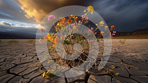 Vibrant Tree with Flowers in Barren Desert at Sunset photo