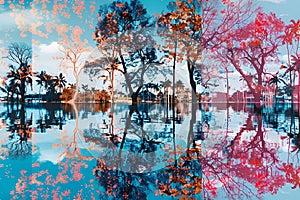 Vibrant trees mirrored in the water, one positioned centrally, AI-generated.