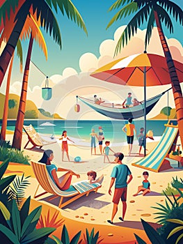 Vibrant Tropical Beach Scene with Relaxing Vacationers and Palm Trees photo