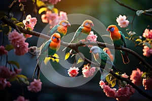 Vibrant Tropical Birds in Mid-Flight: A Colorful Rainforest Delight