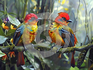 Vibrant Tropical Birds Perching in Lush Foliage, Exotic birds in lush rainforests. Two colorful tropical birds with striking