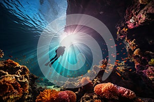 Vibrant Tropical Fishes Surround Scuba Diver in Mesmerizing Underwater Exploration