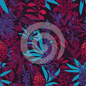 Vibrant Tropical Floral Pattern with Bold Blue and Red Foliage Design.