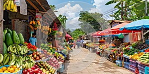 Vibrant Tropical Fruit Market Street with Colorful Umbrellas and Fresh Produce