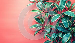 Vibrant Tropical Green Foliage Against Coral Pink Wall Stunning Botanical Nature Background Lush, Exotic Plant Leaves Perfect for